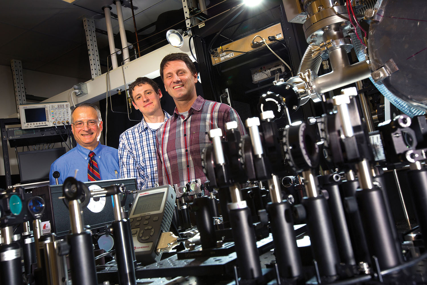 Anthony Starace, Martin Centurion and Herman Batelaan lead UNL’s consortium participation collaborating with colleagues at Kansas State University and the University of Kansas on the Nebraska-Kansas Consortium. The partnership seeks to expand all three universities’ capacity to study atomic, molecular and optical physics. February 11, 2015. Photo by Craig Chandler / University Communications.
