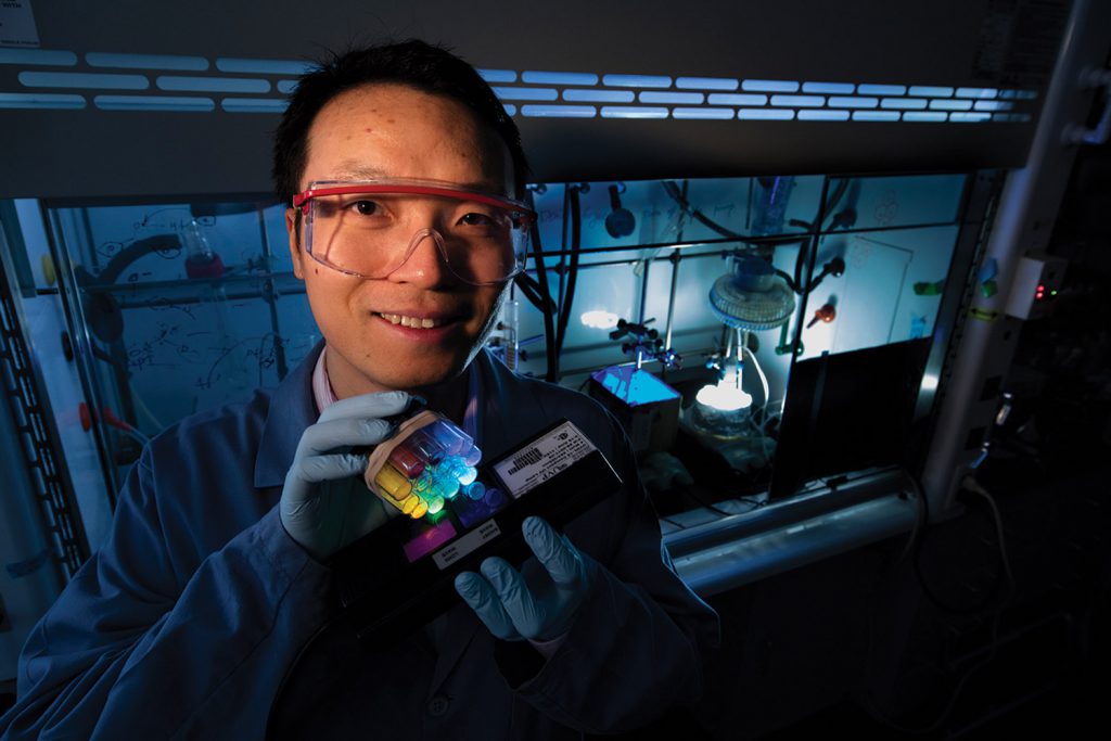 Jian Zhang, assistant professor of chemistry, recently earned a five-year, $527,154 Faculty Early Career Development Program Award from the National Science Foundation to develop an organic-based catalyst that uses the sun’s energy to facilitate chemical reactions. His work could one day lead to cleaner fuel production. March 10, 2016. Photo by Craig Chandler / University Communications