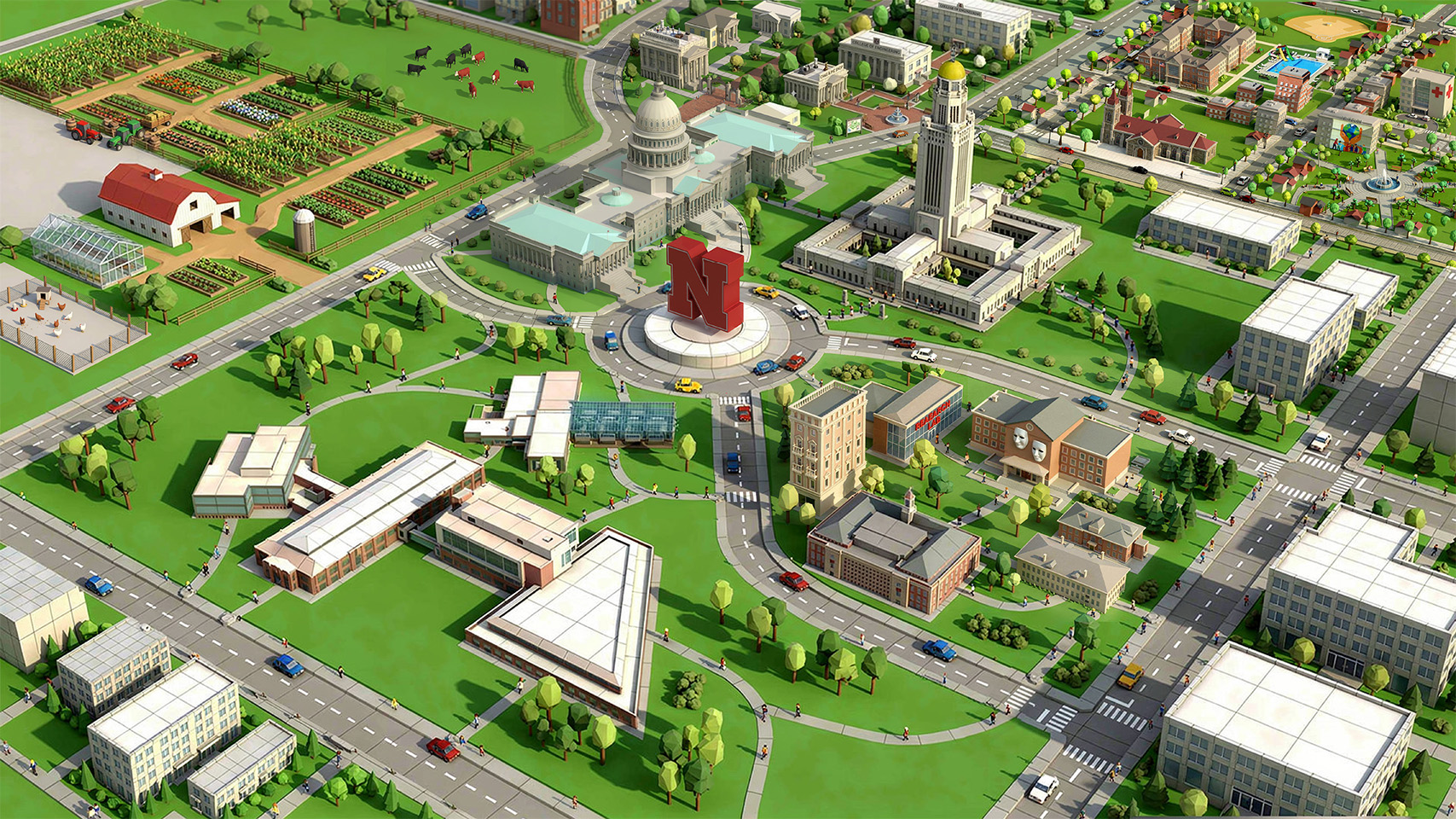 Illustration of a city with neighborhoods drawn to represent each identity area