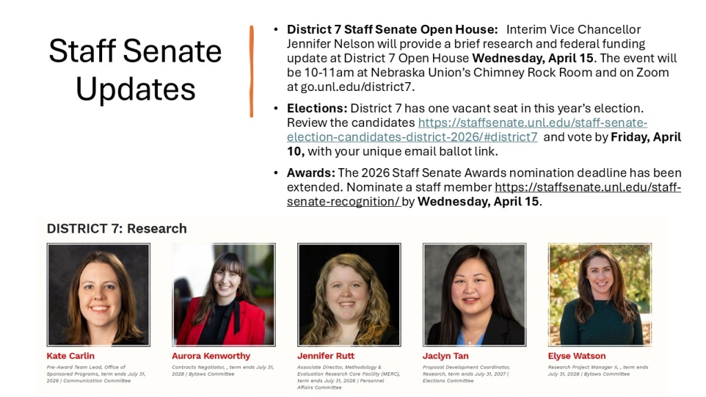 Staff Senate Updates
District 7 Staff Senate Open House:   Interim Vice Chancellor Jennifer Nelson will provide a brief research and federal funding update at District 7 Open House Wednesday, April 15. The event will be 10-11am at Nebraska Union’s Chimney Rock Room and on Zoom at go.unl.edu/district7.
Elections: District 7 has one vacant seat in this year’s election. Review the candidates https://staffsenate.unl.edu/staff-senate-election-candidates-district-2026/#district7  and vote by Friday, April 10, with your unique email ballot link.
Awards: The 2026 Staff Senate Awards nomination deadline has been extended. Nominate a staff member https://staffsenate.unl.edu/staff-senate-recognition/ by Wednesday, April 15. 
