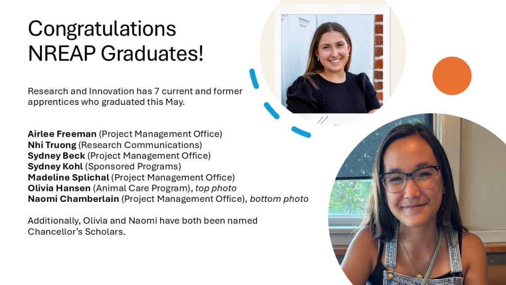 Research and Innovation has 7 current and former apprentices who graduated this May. 

Airlee Freeman (Project Management Office) Nhi Truong (Research Communications)Sydney Beck (Project Management Office)Sydney Kohl (Sponsored Programs)Madeline Splichal (Project Management Office)Olivia Hansen (Animal Care Program), top photoNaomi Chamberlain (Project Management Office), bottom photoAdditionally, Olivia and Naomi have both been named Chancellor’s Scholars. 
