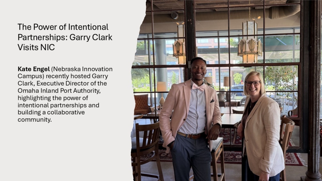 Kate Engel (Nebraska Innovation Campus) recently hosted Garry Clark, Executive Director of the Omaha Inland Port Authority, highlighting the power of intentional partnerships and building a collaborative community.
