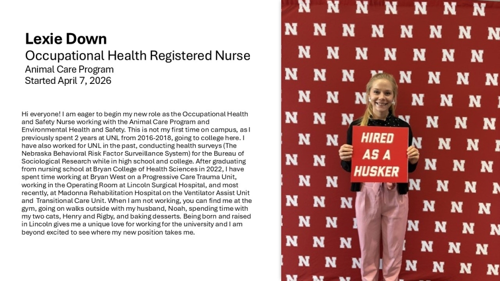 Lexie Down Occupational Health Registered Nurse Animal Care Program Started April 7, 2026 