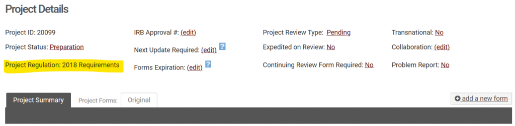 Image to describe where to find project regulation: To find which set of requirements your project is subject to, simply navigate to your project in NUgrant and you will see the “Project Regulation” listed in the project details. 