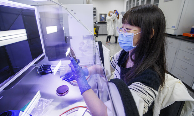 Jing Shao working at Gnotobiotic Mouse Facility