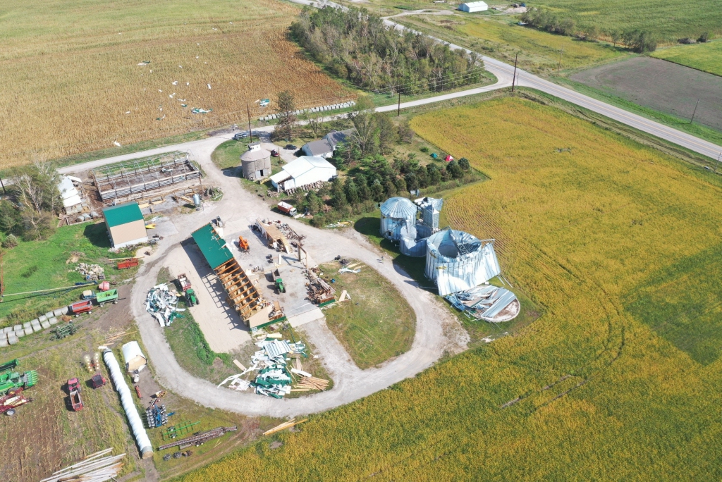 drone view of derocho damage in Iowa