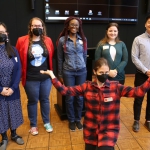 Student Slam participants Winifred Waters, Crystal Uminski, Chinemerem Ogbu, Fiona Callahan and Bowen Yang with Jocelyn Bosley