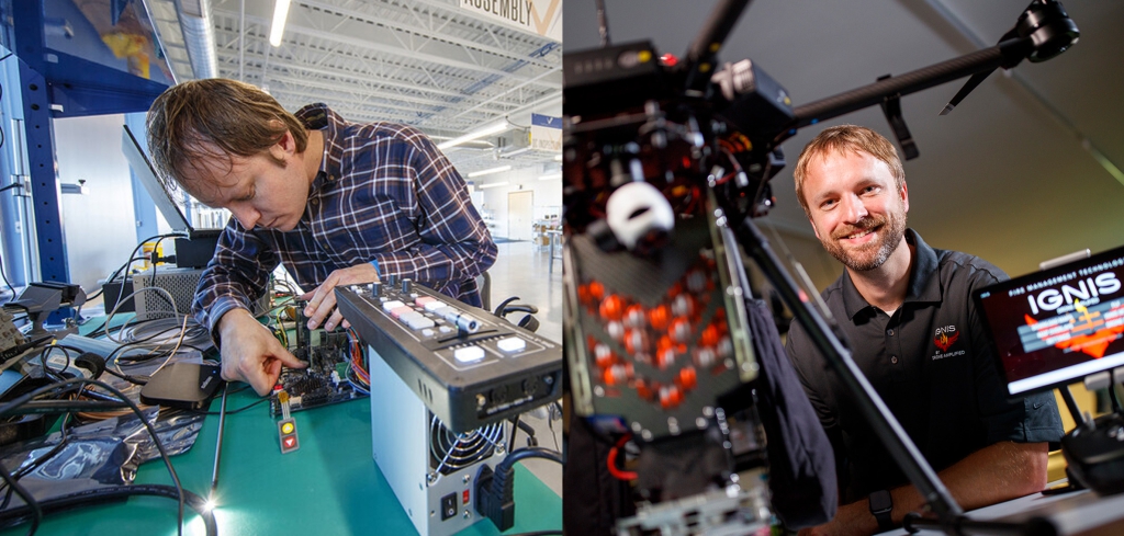 Two images of researchers posing in their labs.