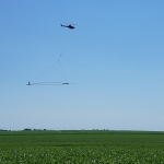 helicopter with signaling equipment above farmfield