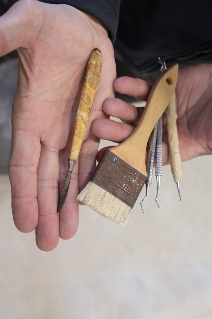A hand holding five small excavation tools: a slender blade, a stiff-bristled paint brush and three dental picks.