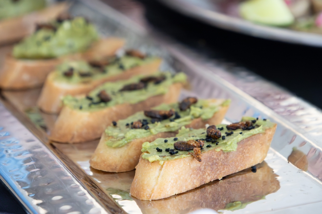 A silver tray of baguette slices spread with avocado and topped with whole crickets and black ants.