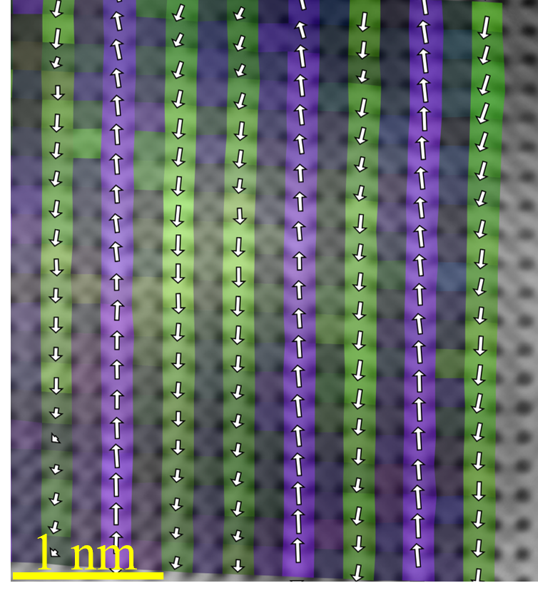 An image displaying How antiferroelectric hafnia responds to an electric field.
A crystal-structure illustration of antiferroelectric hafnia. At left, neighboring polar layers have opposing atomic displacements. Under an applied electric field, the displacements can become aligned, as shown at right. Nonpolar spacer layers separate the polar layers.