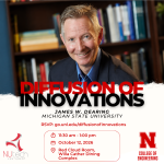 A promotional graphic for “Diffusion of Innovations,” featuring a smiling portrait of James W. Dearing of Michigan State University in front of a bookshelf. The graphic announces a lecture on October 12, 2026, from 11:30 a.m. to 1 p.m. in the Red Cloud Room at the Willa Cather Dining Complex. It includes RSVP information, NuTech Ventures and University of Nebraska–Lincoln College of Engineering logos.