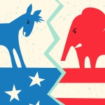 Political illustration depicting the divide between the Democratic and Republican parties. A blue donkey representing the Democratic Party stands above a blue field with white stars, while a red elephant representing the Republican Party stands above red and white stripes. A jagged line separates the two sides, with a University of Nebraska–Lincoln “N” logo in the lower-left corner.